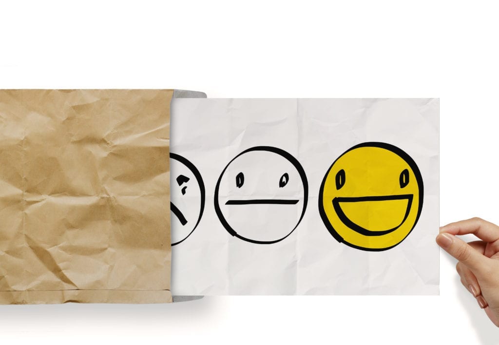 Three smiles drawn on a piece of paper show bigger smiles with improving dental customer service.