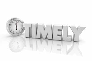 To avoid denials, dental claims must be filed in a timely manner. The word "timely" sits next to a clock.